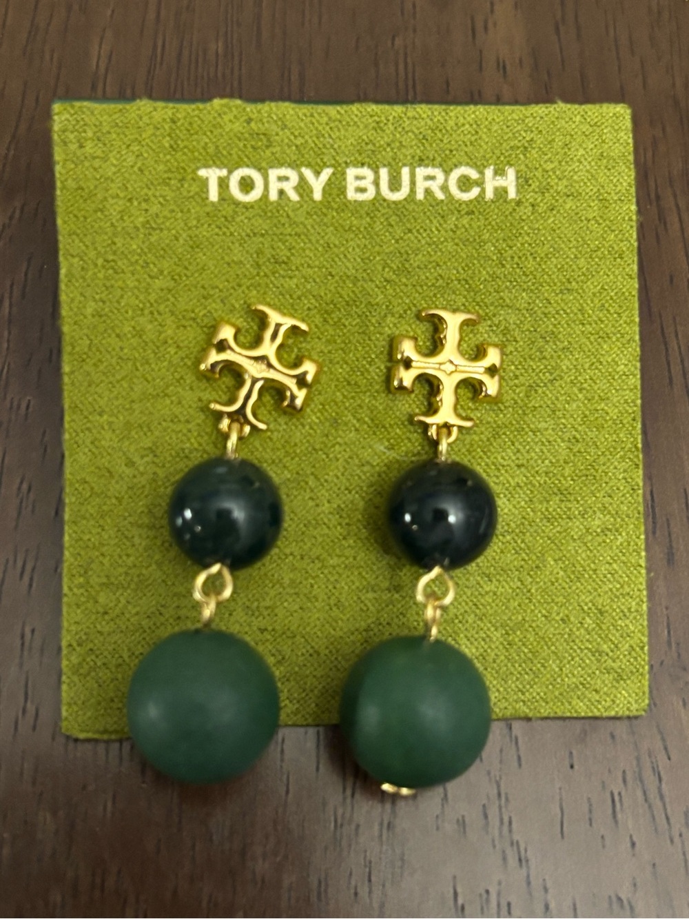 Brand new Tory Burch Gold plated & Green Double Bead Drop Earrings